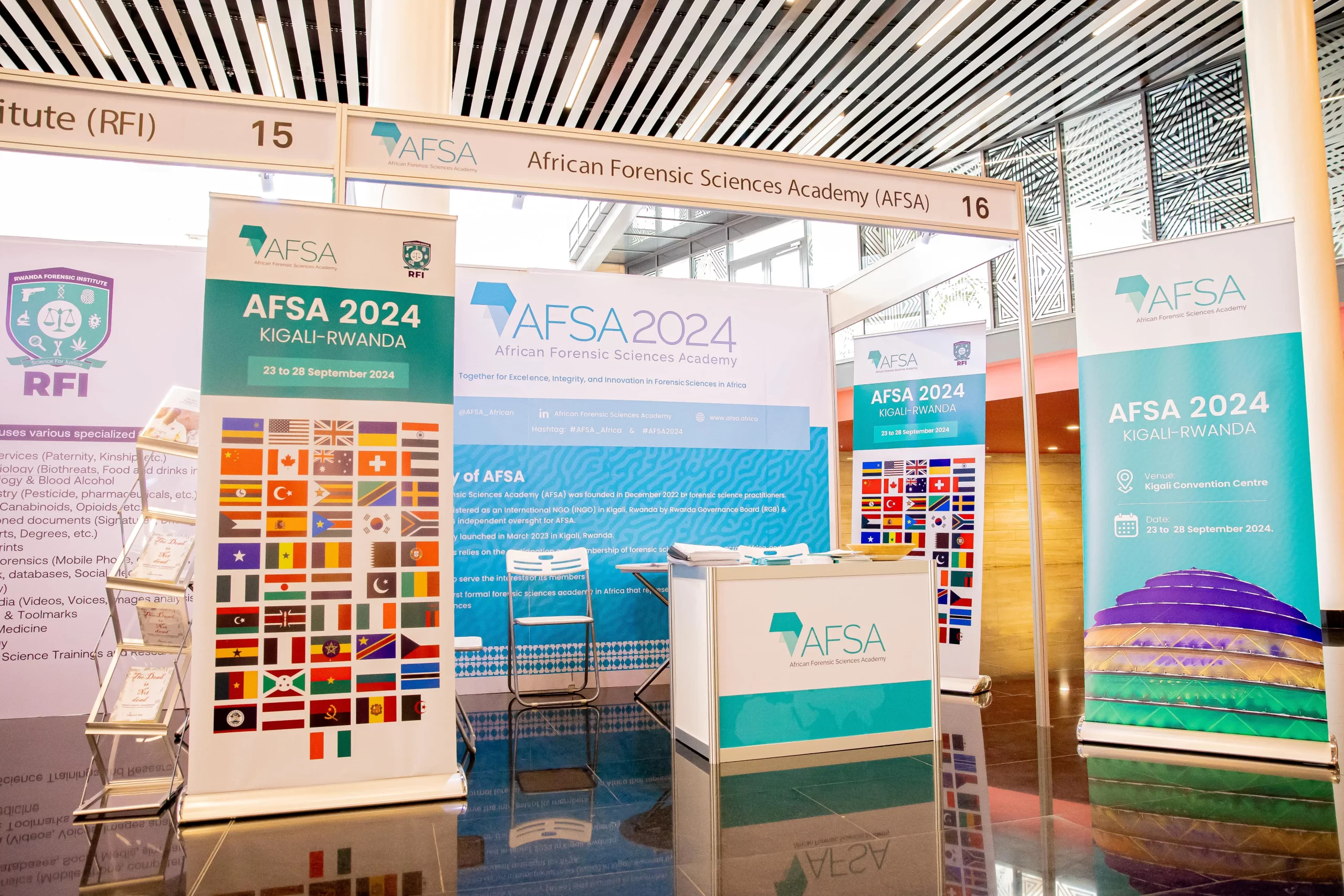 AFSA 2024 conference booth in Kigali, with member country flags on display