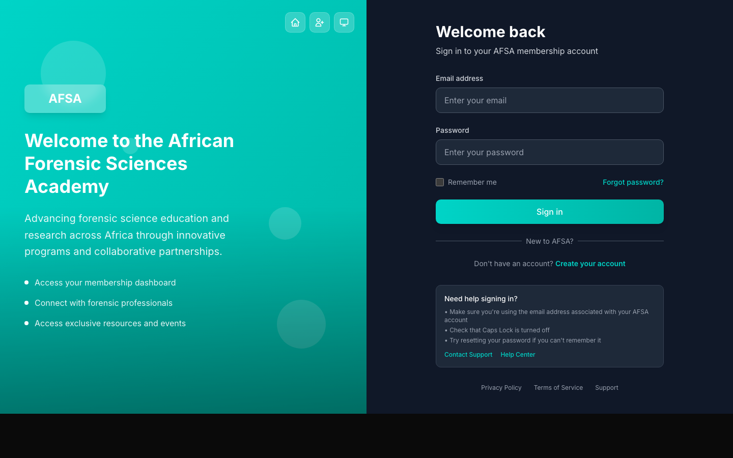 AFSA membership portal — desktop preview