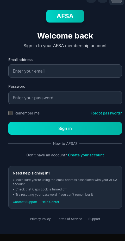 AFSA membership portal — mobile preview
